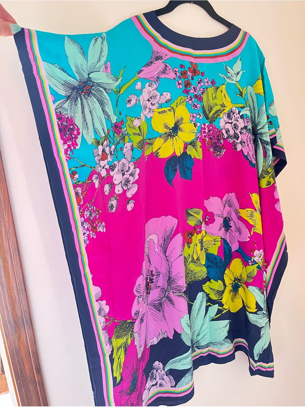 Trina Turk “Theodora” Bright Fuchsia & Turquoise Floral V-Neck Swim Coverup - Picture 8 of 16